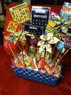 a basket filled with candy on top of a red couch