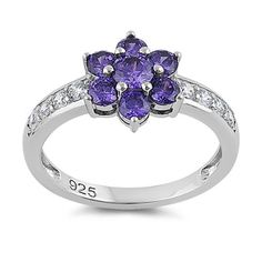 Top of ring height: 11mm

         Top of ring width: 9mm

      Band width:  3mm

      Shank width: 2mm

    
        Stone material:  purple & clear cubic zirconia

      Center stone size: 4mm  

      Stone shape:  round

      Center stone carat    weight: 0.3 ct.

      Total number of CZ    stones: 8

      Stone setting:  prong setting

   
       Metal:  925 sterling silver

      Plating:  rhodium plated    (what is rhodium?) What is Rhodium? 
 
   If you're no Purple Cubic Zirconia Birthstone Ring Round Cut, Flower-shaped Cubic Zirconia Ring With Prong Setting, Cubic Zirconia Flower Ring With Center Stone For Promise, Cubic Zirconia Flower Promise Ring With Center Stone, Promise Ring With Center Stone Cubic Zirconia, Cubic Zirconia Gemstone Flower Ring For Promise, Purple Cubic Zirconia Rings With Prong Setting, Purple Cubic Zirconia Round Cut Rings, Flower Shaped Cubic Zirconia Ring With Prong Setting