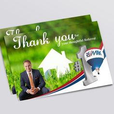 two thank cards with a man in suit and tie sitting on the grass next to a hot air balloon