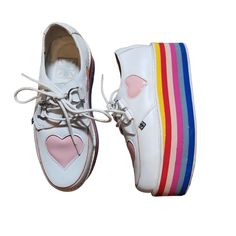 Mens: 4 Women's: 6 Excellent Used Condition. Scratches Or Wear Is Consistent With Time Of Ownership And Being Preloved. See Photos. K Heart, Platform Creepers, Dolls Kill Shoes, Heart Rainbow, Creepers, Dolls Kill, Pink White, Size 6, Rainbow