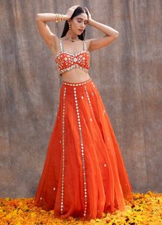 Rust Orange Mirror Organza Lehenga Set Silky Bindra - Fabilicious Fashion Mirror Lehenga, Orange Lehenga, Pink Anarkali, Mirror Work Lehenga, Orange Mirror, Haldi Outfit, Organza Lehenga, Lehenga Designs Simple, Embroidered Dupatta