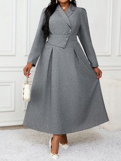 Autumn And Winter Elegant Work Office Grey Woven Lapel Flared Button Long Long Sleeve Plus Size Dresses Thanksgiving Women Outfit Fall Clothes Fall Clothes Curve Elegant Women Dresses Winter Women Dress Women Costumes Fall Women Outfits Grey Elegant  Long Sleeve Woven Fabric Plain A Line Non-Stretch  Women Plus Clothing, size features are:Bust: ,Length: ,Sleeve Length: Black Dress Classy Elegant Long Modest, Modest Winter Dress, Grey Dress Accessories, Winter Church Dresses, Black Dress Classy Elegant Long, Work Outfits Plus Size Women, Thanksgiving Women Outfit, Elegant Women Dresses, Fall Women Outfits