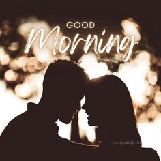 a man and woman standing next to each other with the words good morning on it