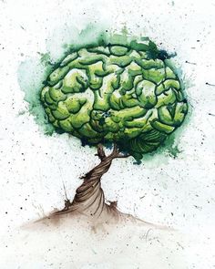 a painting of a tree with green leaves on it's trunk and roots in the shape of a brain