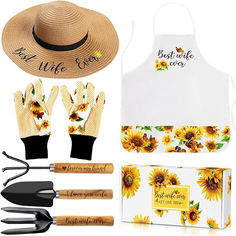 the sunflowers and gardening tools are next to each other, including an apron, gloves