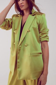 Part of the business comfort trend, this workleisure double-breasted lime green satin blazer is made in Italy, and is super versatile because it’s office ready or perfect of a party. It adds a pop of color to any ensemble. The fabric is shiny, and the blazer boasts of shawl lapels, long sleeves, side pockets, and a button placket. Also, it’s fully lined. Both the glossy-style satin fabric and lining is made from 100% Polyester. In our photos, we pair it with our Palazzo Pleated Pants in Acid Lim Jean Beige, Tan Scarf, Satin Blazer, Shiny Fabric, Glam Looks, Tailored Blazer, Pleated Pants, Green Satin, Double Breasted Blazer