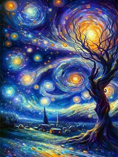 a painting of a tree with stars in the sky