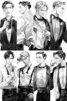 some black and white drawings of men in tuxedos with their ties pulled back