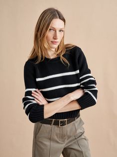 Mini Marina Sweater Stripe – La Ligne Chic Cropped Cotton Sweater, Chic Cotton Cropped Sweater With Crew Neck, Cozy Cotton Cropped Sweater For Fall, Cropped Cotton Sweater For Fall, Chunky Knit Cotton Cropped Sweater, Cropped Cotton Sweater In Relaxed Fit, Cropped Cotton Sweater With Relaxed Fit, Winter Layering Cropped Cotton Sweater, Winter Layering Cotton Cropped Sweater