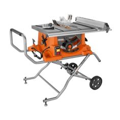 an orange table saw sits on top of a metal stand