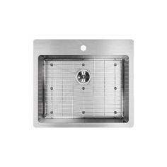 stainless steel kitchen sink with grids on the side and four holes in the front