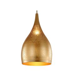 a gold colored pendant light hanging from a ceiling fixture with an intricate design on it