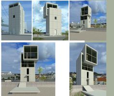 four different views of a building with windows and balconies on the top floor