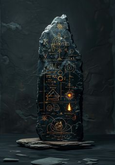 a rock with some writing on it in front of a dark background and a lit candle