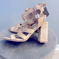 New Suede Taupe Strappy Heels Spring Strappy Suede Heels, Strappy Suede Heels For Spring, Suede Block Heel Shoes For Spring, Suede Block Heel Heels For Spring, Spring Suede Block Heel Shoes, Spring Suede Heels With Block Heel, Trendy Suede Heels With Buckle Closure, Trendy Suede Heels For Spring, Spring Suede High Heel Block Heels