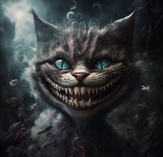 a cat with blue eyes and fangs on it's face in the middle of flowers