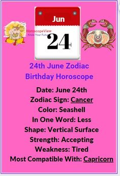 a pink birthday card with the date 21st june and zodiac signs in front of it