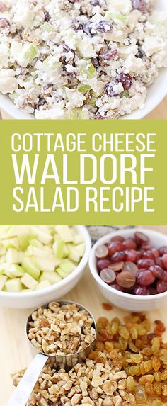 the ingredients for cottage cheese salad laid out on a wooden table with text overlay that reads cottage cheese waldore salad recipe