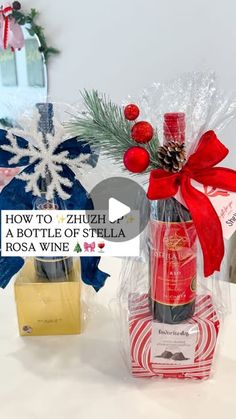 a bottle of wine in a plastic bag with a bow on it and some pine cones