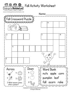 the fall crossword worksheet is shown with words and pictures to help students learn how