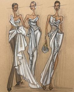 three women in evening gowns and purses are walking down the street with their backs to each other