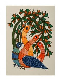 two colorful birds sitting on top of a tree next to oranges and green leaves