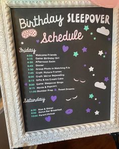 a birthday sleepover schedule on a chalk board