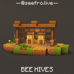 an animated image of a fireplace in the middle of some grass and rocks with words bee hives above it