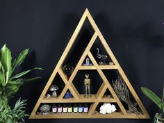 a wooden shelf with various items on it next to a plant and potted plants