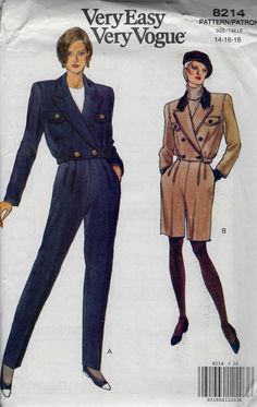 Loose-fitting, double-breasted, unlined jacket with self or contrast collar. Tapered pants have waist band, front pleats and side pockets. This sewing pattern is out-of-print, uncut, factory folded, complete with instructions. Fitted Double-breasted Pantsuit With Pockets, Vintage Double-breasted Suits For Workwear, Retro Notch Lapel Suits For Workwear, Retro Suits With Notch Lapel For Workwear, Sewing Pattern Trousers, 60s Vintage Fashion, Pattern Trousers, Vintage Vogue Patterns, Vintage Vogue Sewing Patterns