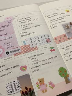 an open book with stickers on the pages and pictures in each section, including teddy bear