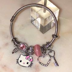 Charm Bracelet Bangle, Adjustable Hello Kitty Jewelry, Cute Silver Stainless Steel Jewelry, Cute Silver Bracelets With Lobster Clasp, Harajuku Jewelry, Kuromi Clothes, Hello Kitty Theme, Charm Necklace Diy, Hello Kitty Charm