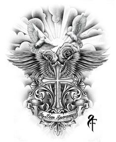 a cross with two doves on it and the word be strong written in black ink