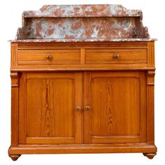 an old wooden cabinet with marble top and drawers on it's sides, isolated against a white background