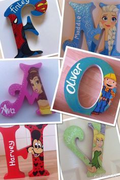 there are many different pictures of children's toys in the same photo, including letters and numbers