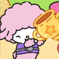 hello kitty and her pink hair are kissing in front of a gold cup that is shaped like an angel