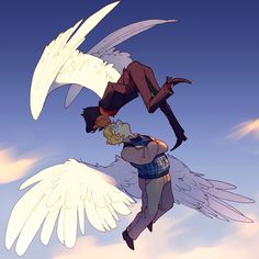 two people are flying through the air with wings on their backs and one person is holding another