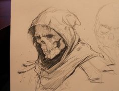 a drawing of two people in hoods and one has a skull on his head