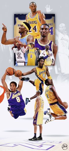 the los angeles lakers basketball team is depicted in this collage with their name and number