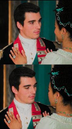 two pictures of a man and woman dressed in historical clothing, one is touching the other's ear