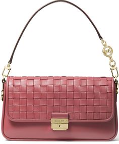 Michael Michael Kors Bradshaw Woven Convertible Shoulder Bag In Light Berry Sorbet/Gold Small sized bag 10-3/4”W*5-9/10”H*2-3/4”D(width is measured across the bottom of handbag.) 7”L handle 18”-22”L adjustable, removable strap. Flap push-lock closure.  1 interior zip pocket, 1 slip pocket. Dust bag included. Leather lining polyester trim leather. Gold tone exterior hardware, logo 1 push lock pocket.NOTICE: PLEASE READ BEFORE BIDDING OR BUYING   ALL ITEMS OFFERED FOR SALE BY MARQUEE SHOES AND ACC Berry Sorbet, Bag Light, Online Bags, Beautiful Bags, Small Bag, Kate Spade Crossbody, Michael Kors Bag, Small Bags, Convertible