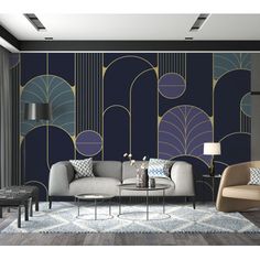 an art deco living room with blue and gold wallpaper