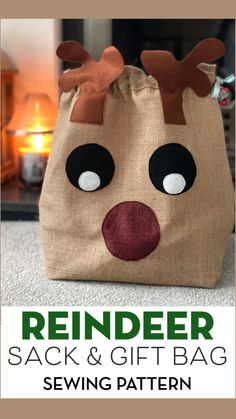 the reindeer sack and gift bag sewing pattern is shown with text overlay that reads, reindeer sack and gift bag sewing pattern