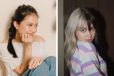 two photos one with long hair and the other with straight hair, both wearing striped shirts