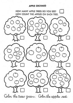 an apple orchard worksheet for kids to learn how to count the apples on each tree