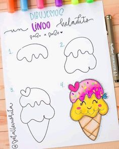 a sheet of paper with drawings of ice cream and an ice cream cone on it