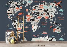 an animal map wall mural in a child's room