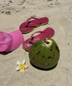 a pair of pink flip flops and a green coconut on the sand with a flower