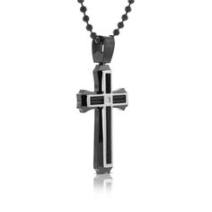 Men's cross in stainless steel and black cable with an accent center diamond. Includes 24 inch ball chain. Pendant hangs nearly 2 and 1/2 inches. Black Stainless Steel Cross Pendant Necklace, Black Stainless Steel Necklace With Cross Pendant, Gunmetal Stainless Steel Cross Necklace, Gunmetal Cross Necklace In Stainless Steel, Black Stainless Steel Cross Jewelry, Black Stainless Steel Crucifix Necklace, Black Stainless Steel Cross Pendant Jewelry, Mens Crosses, Black Cross