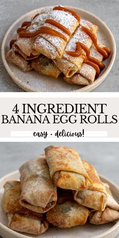 banana egg rolls Dessert Egg Rolls Recipe, Banana Egg Rolls, Vegan Egg Rolls, Egg Roll Recipe, Banana Roll, No Egg Desserts, Breakfast Party Foods, Meal Planning Menus, Vegan Cheese Recipes